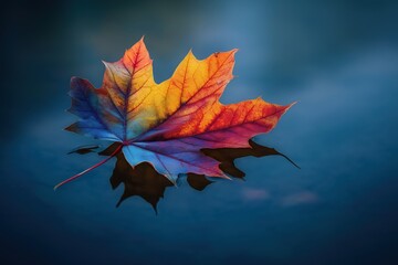 A vibrant, multicolored maple leaf floats serenely on a calm body of water, reflecting the beauty of nature in a tranquil setting.