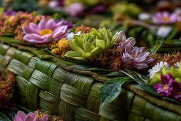 A vibrant arrangement of colorful flowers and greenery, showcasing intricate details and natural beauty, perfect for decoration or celebration.