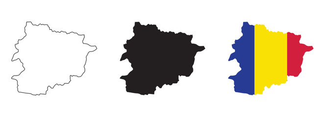 Andorra map vector set with editable country outline black silhouette and national flag featuring blue yellow red vertical stripes with coat of arms for geography and education illustrations