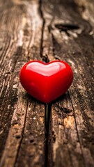 Fototapeta premium A vibrant red heart rests on a weathered, textured wooden surface