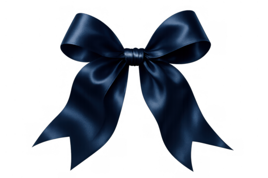 Elegant navy blue satin ribbon bow for decorating gifts, holidays, celebrations, and festive events with transparent background