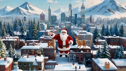 heartwarming 4k vertical animation new year 2026 featuring santa claus reindeer flying snow covered mountain town twinkling houses trees falling snow creating cozy festive holiday mood - Powered by Adobe