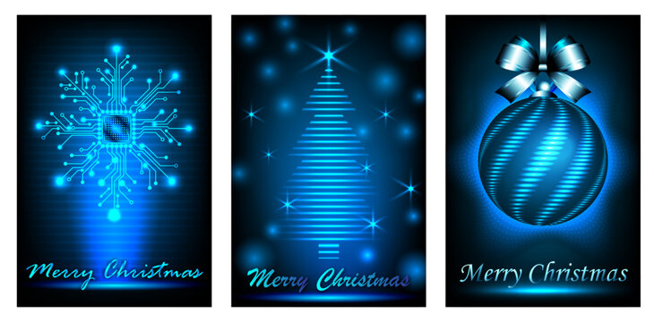Cyberpunk themed Christmas card set in glowing neon blue features circuit snowflakes, a digital Christmas tree, and high-tech baubles. Merry Christmas, futuristic style!