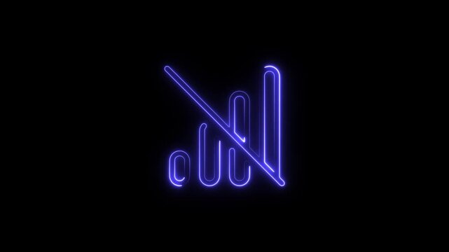 Neon blue signal bars crossed out no connection symbol glowing on black background digital technology concept