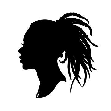 Black Silhouette of Woman with Locs Hairstyle Ponytail Vector Profile