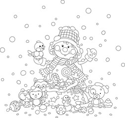 Cute snowman and its bag full of winter holiday gifts with toys and sweets for little kids, black and white outline vector cartoon illustration for a coloring book