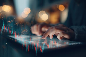 A person interacts with a digital tablet displaying financial data, with glowing graphs and bokeh lights in the background.
