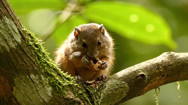 The common treeshrew eats nuts sitting on a tree