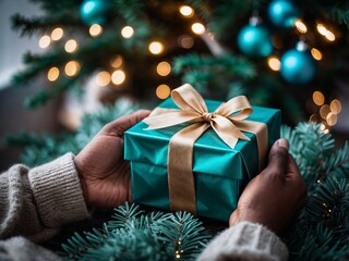 Monochrome transformative teal close-up of dark-skinned hands holding gift box