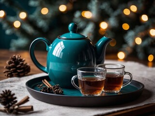 Monochrome Transformative Teal Tea Set with Christmas and New Year Vibes. Monochrome Everyday Objects in Transformative Teal Minimalist Modern Aesthetic Still Life