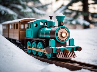 Wooden Christmas Toy Train in Snow, Monochrome Transformative Teal and Brown Magic