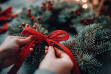 A close-up of hands tying a red ribbon around a festive wreath adorned with pine and berries, evoking holiday cheer and decorative spirit.