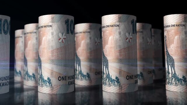 Zambia kwacha Zambian money rolls loop 3d. Camera moving in front of 100 ZMW rolling banknotes. Seamless loopable concept of economy, finance, business and debt.
