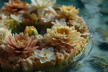 A serene arrangement of beautifully colored water lilies floating on a tranquil surface, surrounded by gentle ripples.