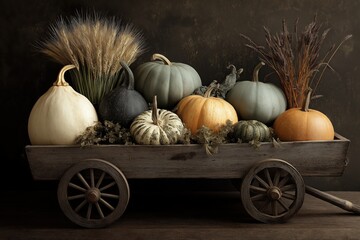 A rustic wooden cart filled with various pumpkins and dried plants, creating a warm, autumnal display.