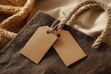 A close-up of two blank tags attached to a textured cloth bag, showcasing natural materials and a cozy aesthetic.