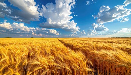 Golden Wheat Field Under a Dramatic Blue Sky With Fluffy White Clouds and Sun Rays Shining Through