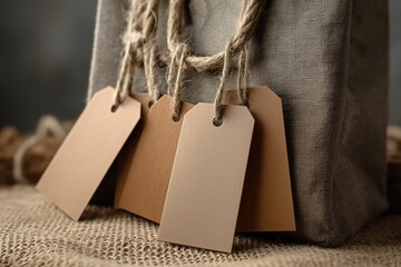A textured bag with multiple blank tags hanging, set against a rustic background, perfect for labeling or branding.