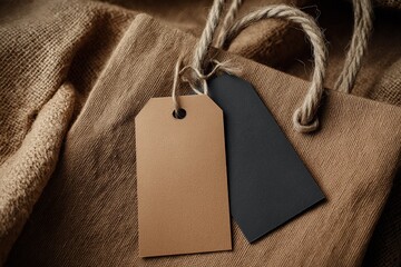 A close-up of a textured fabric bag featuring two price tags, one in bronze and one in black, emphasizing a rustic and minimalist style.