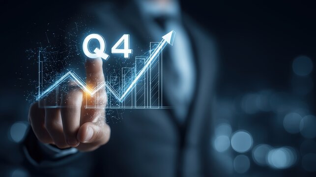 A business professional interacts with a digital graph, highlighting Q4 growth with an upward trend in a high-tech environment.
