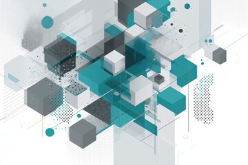 An abstract composition of geometric shapes in teal, gray, and white, creating a modern, digital aesthetic.