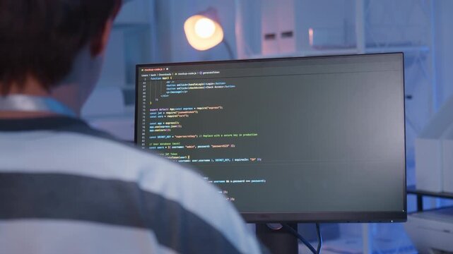 One young male Asian IT freelancer programmer and tech engineer working with computer keyboard, typing software codes for application development and website network system information data in room.