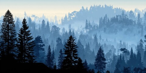 Serene Misty Forest Landscape with Silhouetted Trees at Dawn