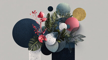 Abstract floral composition with tropical leaves and geometric shapes on a light background