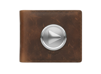 Brown Leather Bifold Wallet with a Metallic Play Button Emblem Isolated on a Transparent Background Demonstrating Media Playback or Content Creation