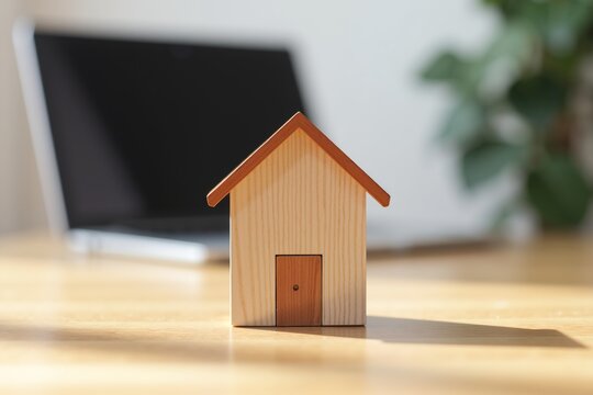 A small wooden house figurine sits on a light wood desk, with a laptop and green plant softly blurred in the background  symbolizing home, work, or real estate concepts. - Powered by Adobe