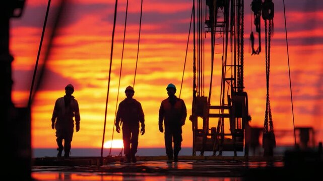 Silhouette of Labor: Silhouetted workers walk across an industrial landscape at sunrise. Their figures, set against a blazing sky of orange and red, depict the relentless efforts of industry