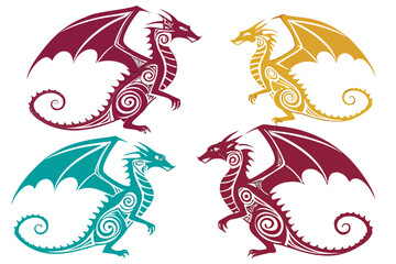 set of Dragon swirl pattern silhouette vector illustration isolated on white background
