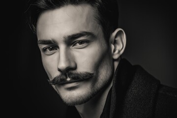 A striking black and white portrait of a man with a well-groomed mustache, exuding confidence and sophistication.