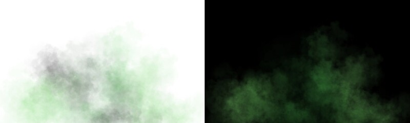 Green transparent fog or smoke on white and black backgrounds with soft diffusion and atmospheric texture
