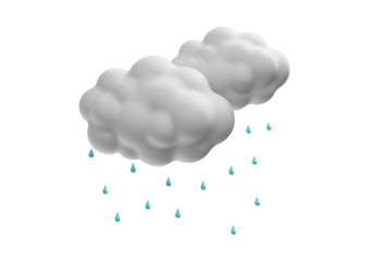 Two fluffy clouds with raindrops isolated on transparent background, weather concept