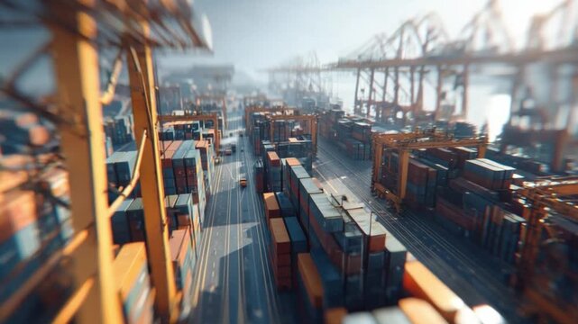 Cargo Containers at Harbor: A bustling port scene showcases rows of colorful cargo containers neatly arranged, under the backdrop of towering cranes, symbolizing global trade and logistics. 