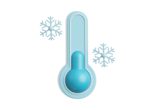 Blue thermometer with snowflakes isolated on transparent background indicates cold weather - Powered by Adobe