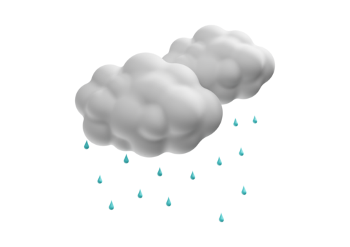 Two fluffy clouds with raindrops isolated on transparent background, weather concept