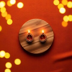 Diwali celebration: Two lit diyas on a wooden plate.