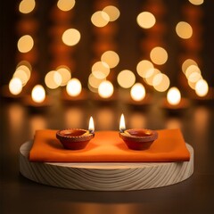 Diwali Celebration: Two Lit Clay Lamps on Wooden Tray with Bokeh Lights.