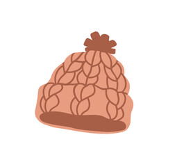 Winter hat. Warm beanie with braided cable knit pattern and pompom. Soft thick wool cap for cold season. Headwear, head accessory in modern style. Flat vector illustration isolated on white background