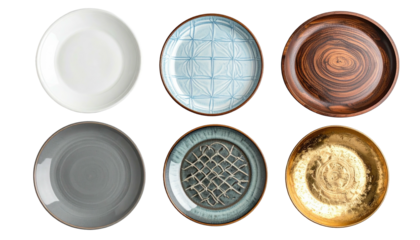Six varied plates, flat lay, arranged in grid
