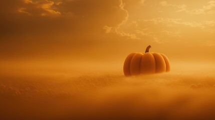 A surreal pumpkin floats above a sea of clouds, bathed in warm, golden light, creating an enchanting and dreamlike atmosphere.