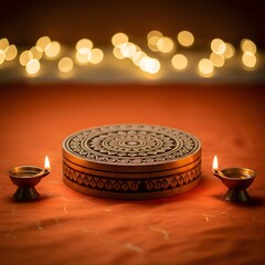 Diwali Celebration: Lit Diyas and Decorative Box with Bokeh Lights.