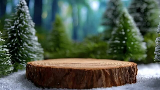 A circular wood slice podium on a snowy surface with miniature snow-dusted evergreen trees and a blurred forest background