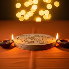Diwali celebration with diyas and decorative lights.