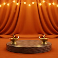 Diwali celebration setup with diya lamps and curtain backdrop.