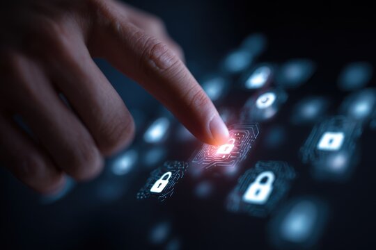 Hand interacts with a digital virtual interface focusing on zero trust security protocols and data protection measures