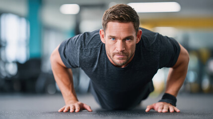 Fototapeta premium Personal trainer performing push ups in gym, showcasing strength and determination. focused expression highlights dedication to fitness