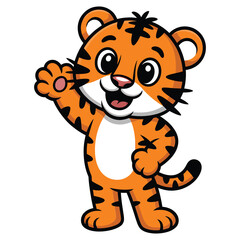Cute cartoon tiger waving its paw, a friendly and playful illustration for childrens books and educational materials